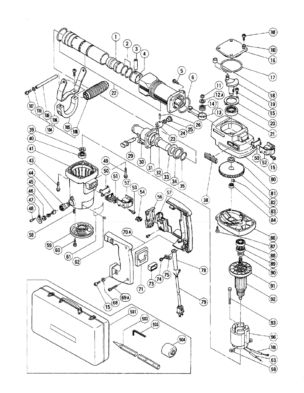 Page 1 Diagram and Parts List for H55SCK  Hitachi Demolition Hammer