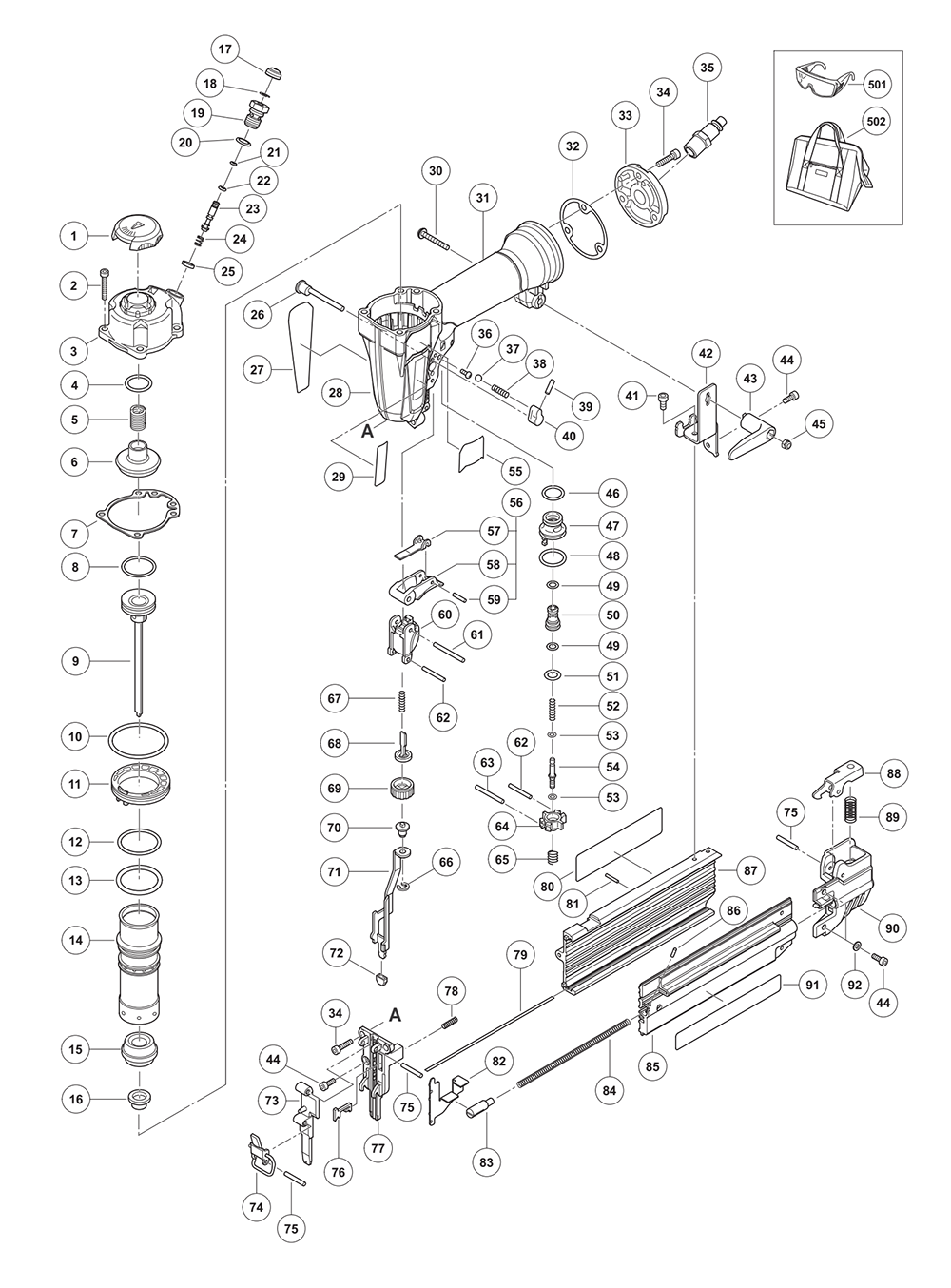 Page 1 Diagram and Parts List for NT50A5  Hitachi Nailer