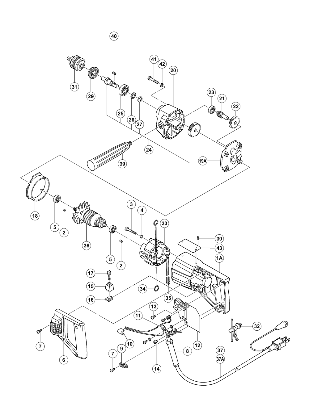 Page 1 Diagram and Parts List for BUL-SH3  Hitachi Drill