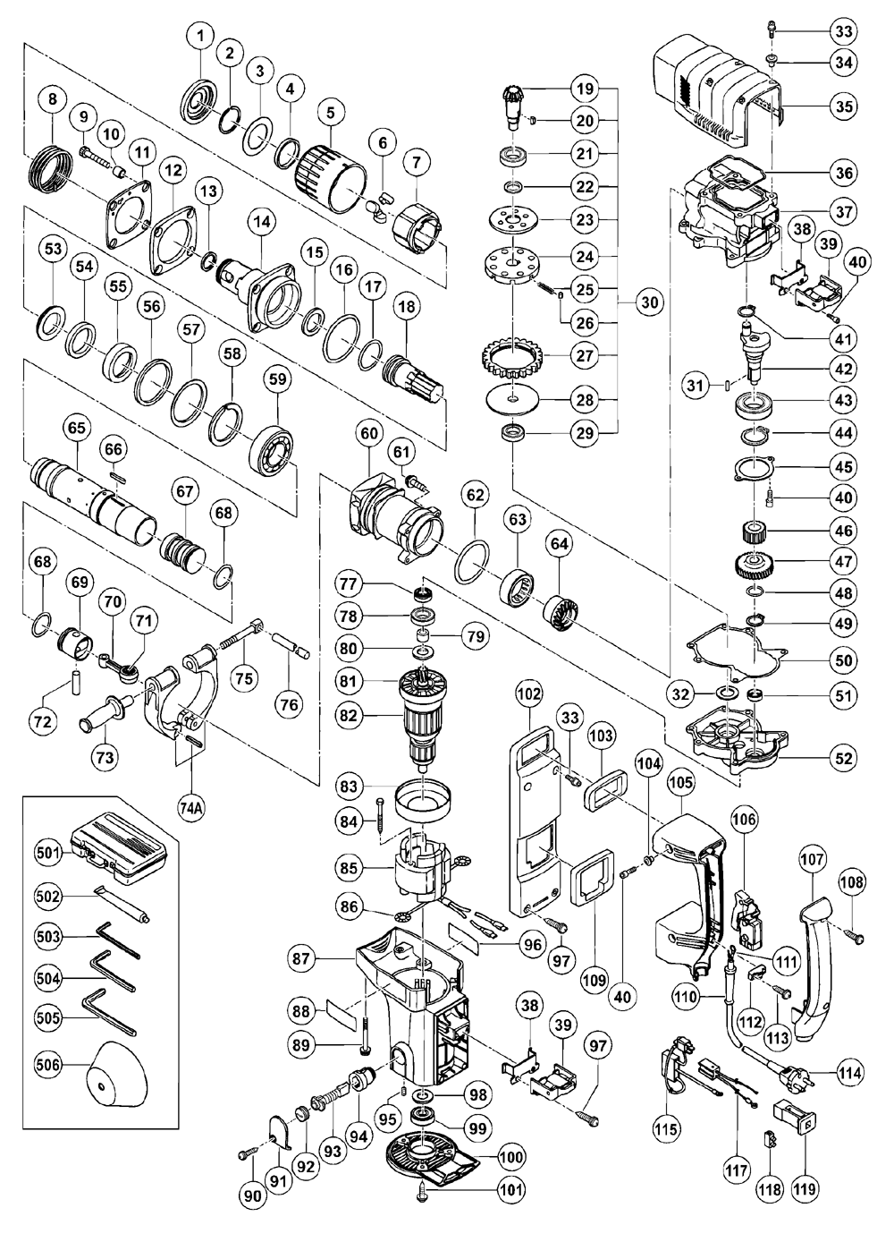 Page 1 Diagram and Parts List for DH45SA  Hitachi Hammer Drill