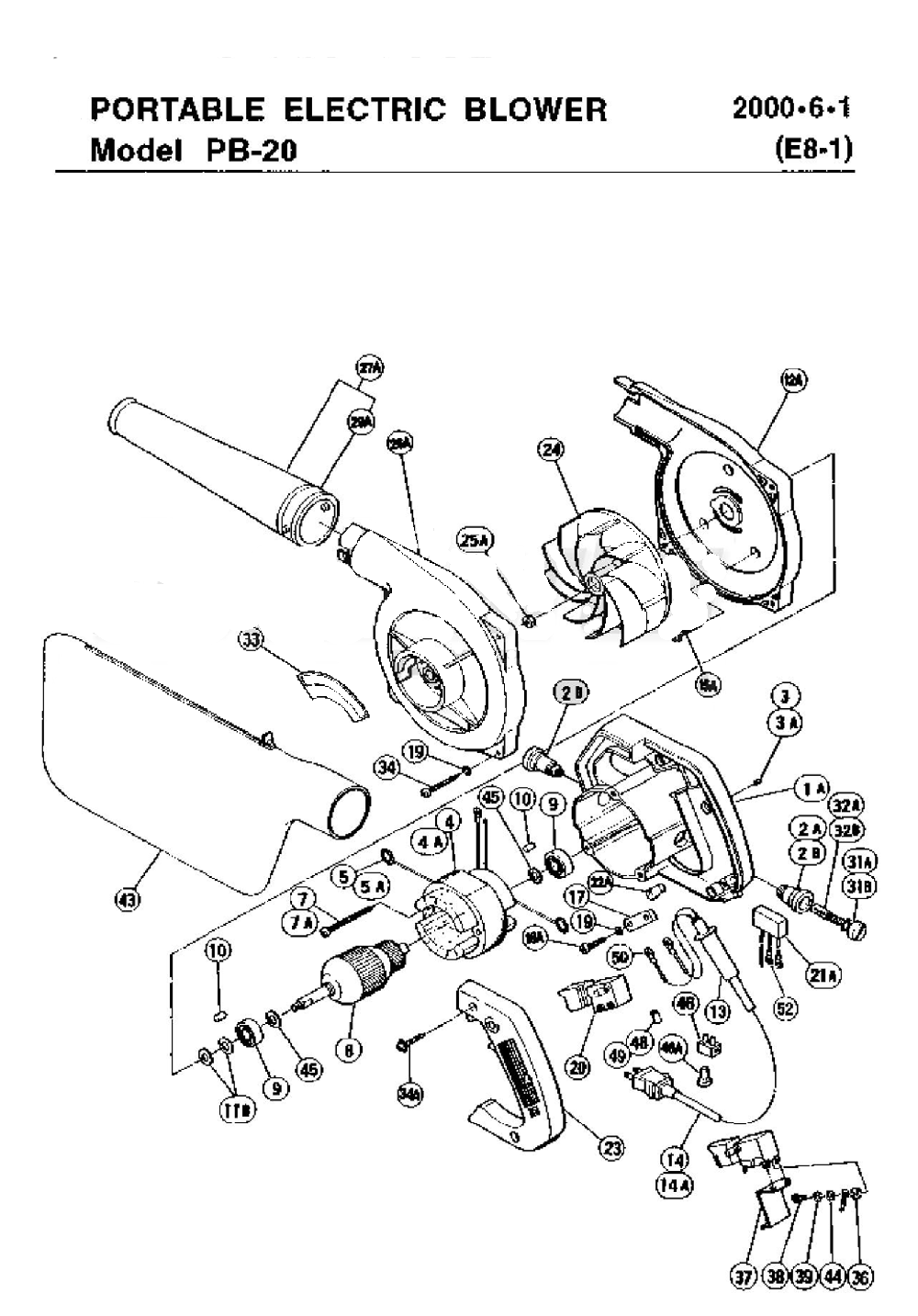 Page 1 Diagram and Parts List for PB20  Hitachi Leaf Blower / Vacuum