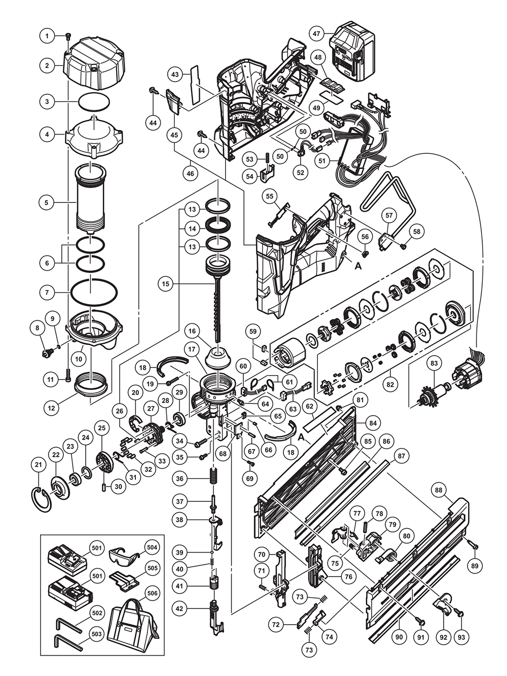 Page 1 Diagram and Parts List for NR1890DC  Hitachi Nailer