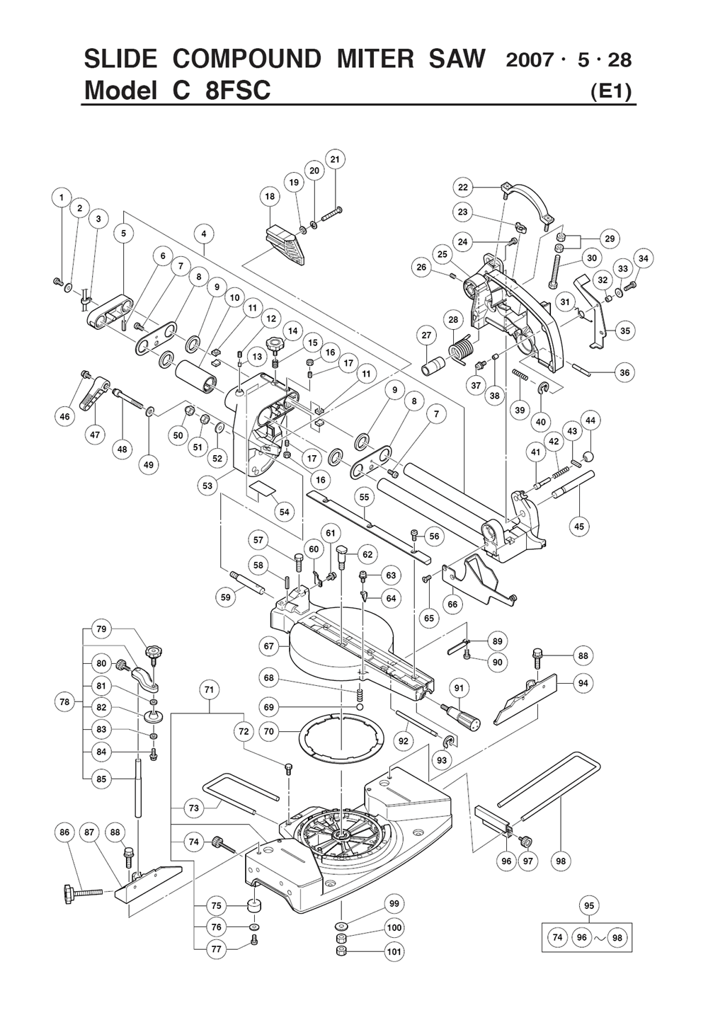 Page 1 Diagram and Parts List for C8FSC  Hitachi Saw