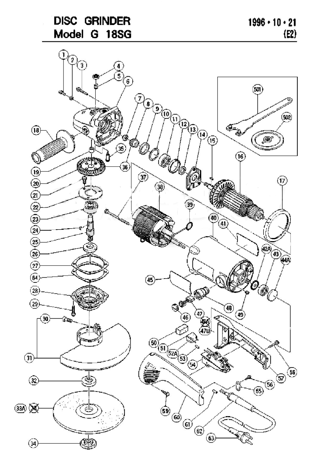 Page 1 Diagram and Parts List for G18SG  Hitachi Grinder