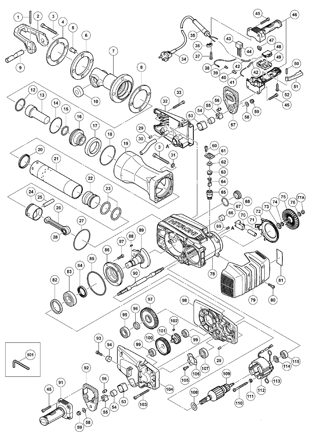 Page 1 Diagram and Parts List for H90SG  Hitachi Hammer Drill