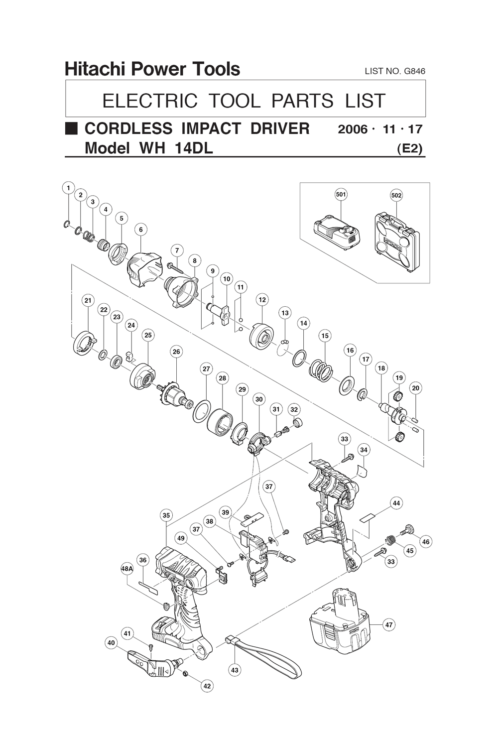 Page 1 Diagram and Parts List for WH14DLE2  Hitachi Wrench