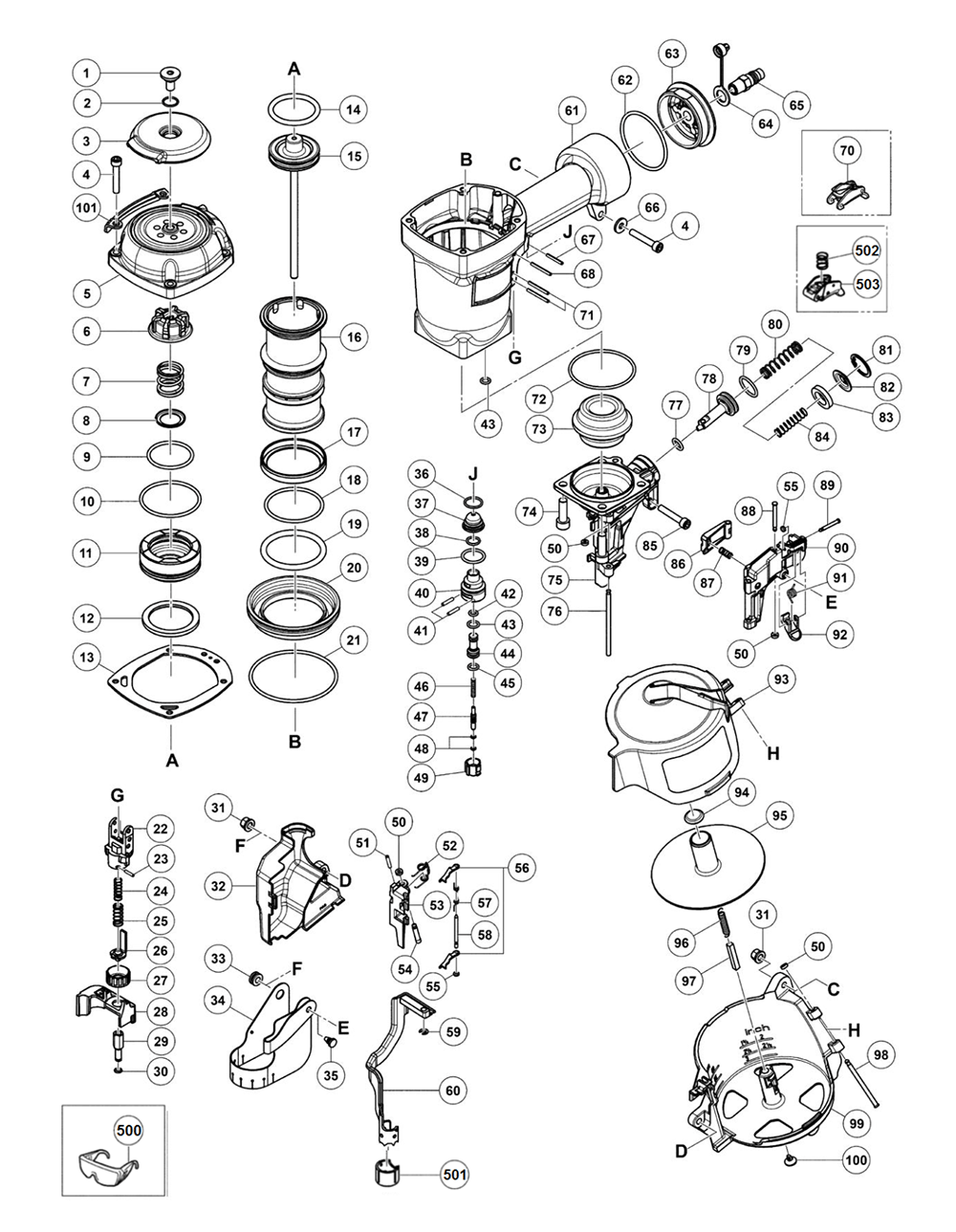 Page 1 Diagram and Parts List for NV75AN(S1)  Hitachi Nailer