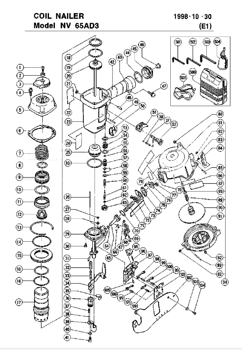 Page 1 Diagram and Parts List for NV65AD3  Hitachi Nailer