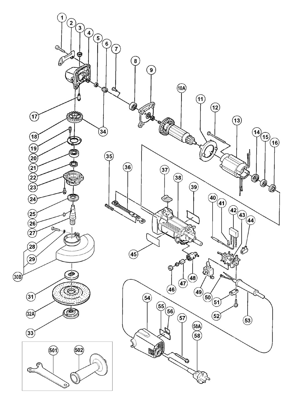 Page 1 Diagram and Parts List for G12SG  Hitachi Grinder