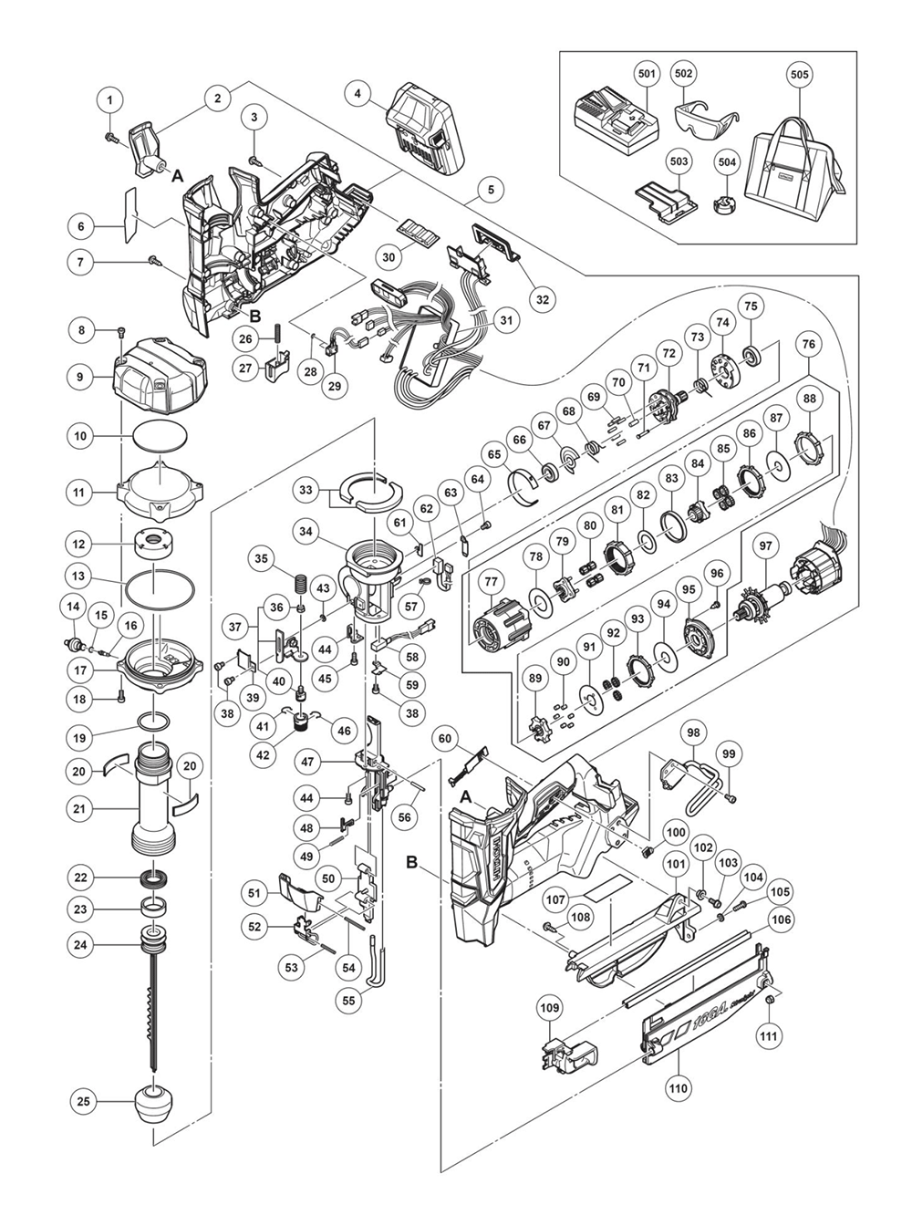 Page 1 Diagram and Parts List for NT1865DM  Hitachi Nailer