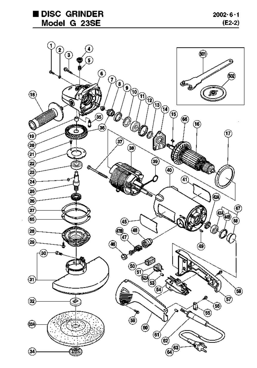 Page 1 Diagram and Parts List for G23SE  Hitachi Grinder