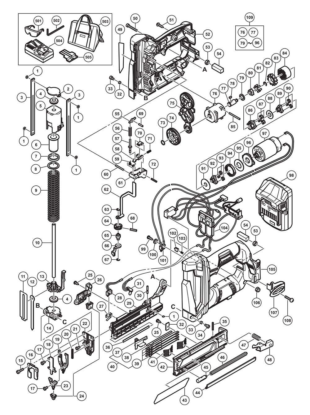 Page 1 Diagram and Parts List for NP18DSALP4  Hitachi Nailer