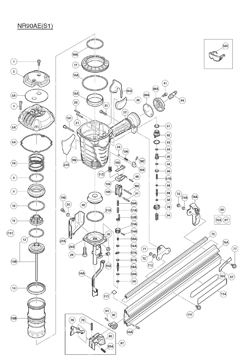 Page 1 Diagram and Parts List for NR90AE(S1)  Hitachi Nailer