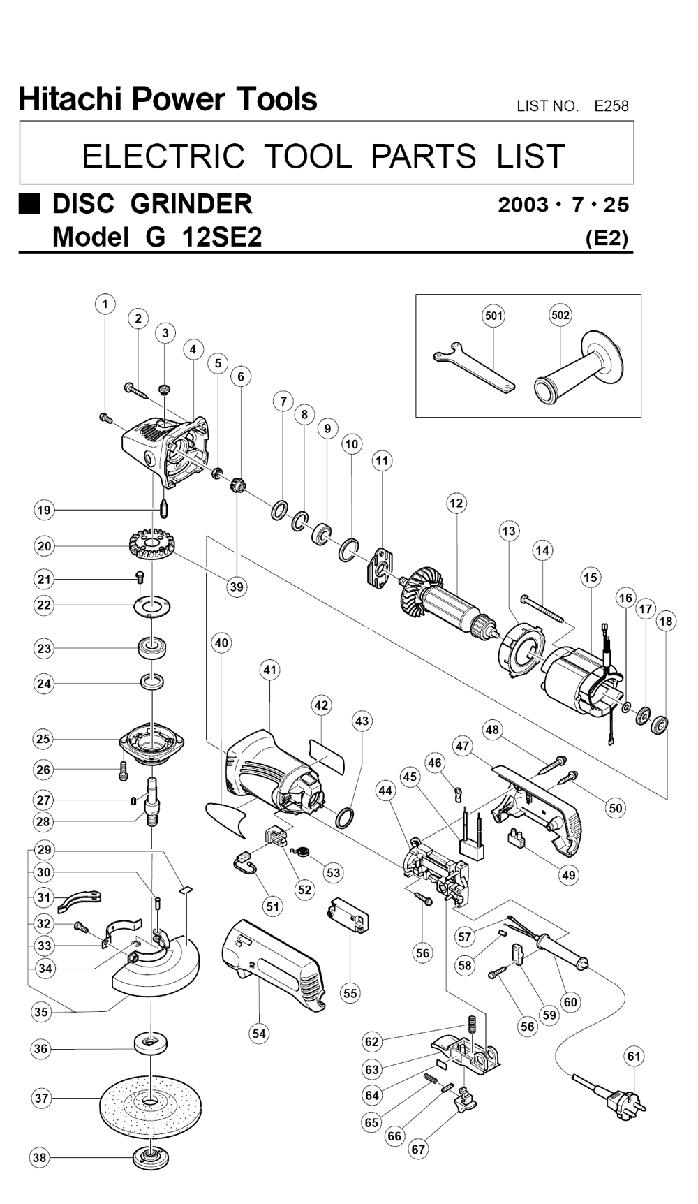 Page 1 Diagram and Parts List for G12SE2P9  Hitachi Grinder