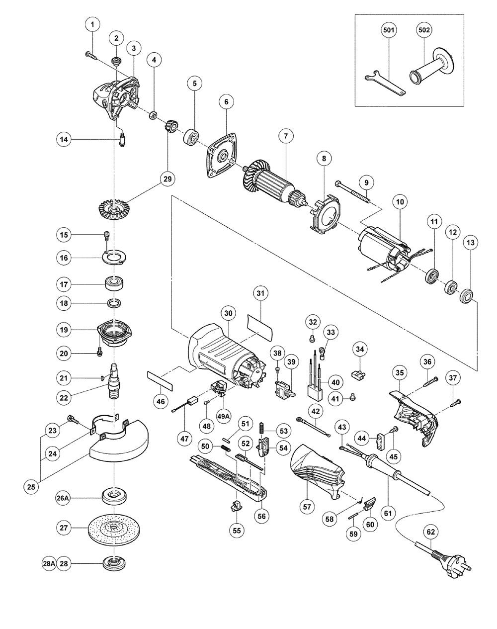 Page 1 Diagram and Parts List for G12SQ  Hitachi Grinder
