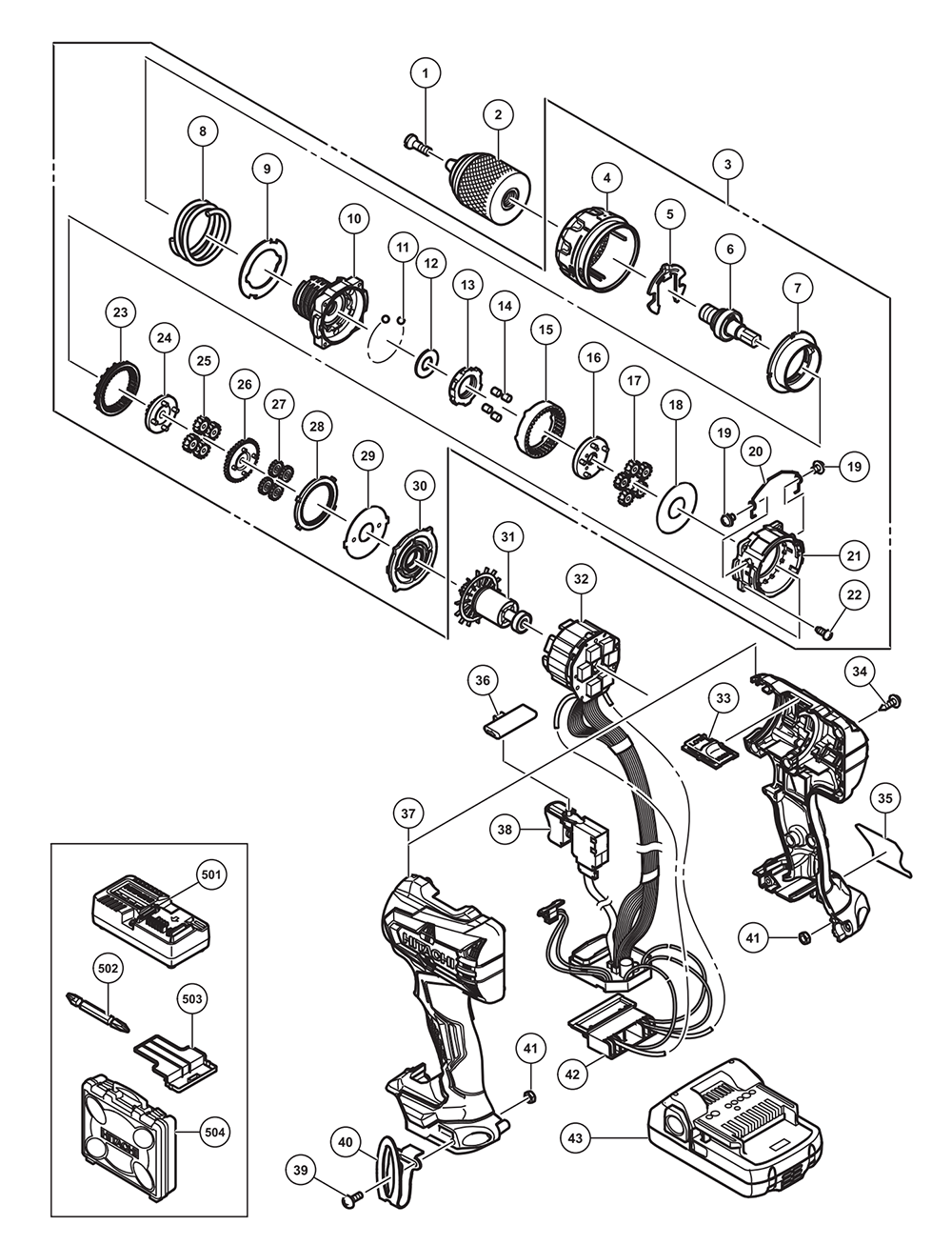 Page 1 Diagram and Parts List for DS18DBFL2  Hitachi Drill Press