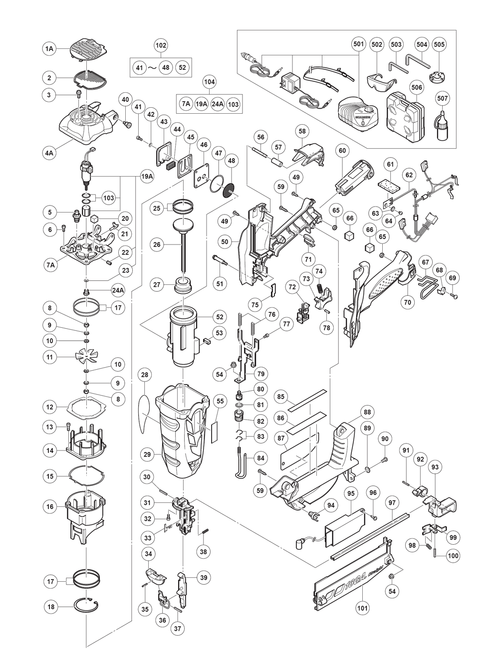 Page 1 Diagram and Parts List for NT65GSP9  Hitachi Nailer