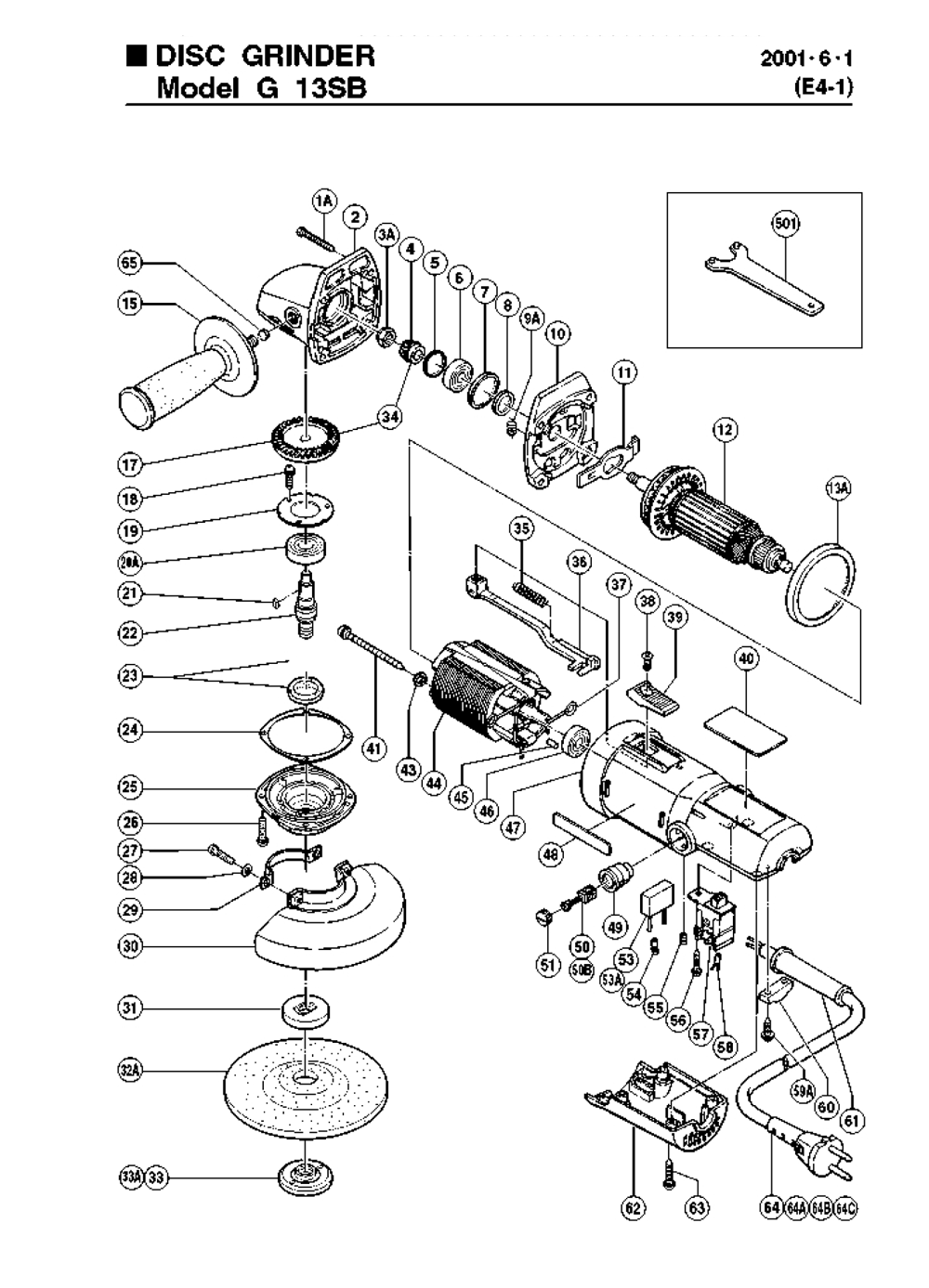 Page 1 Diagram and Parts List for G13SB  Hitachi Grinder