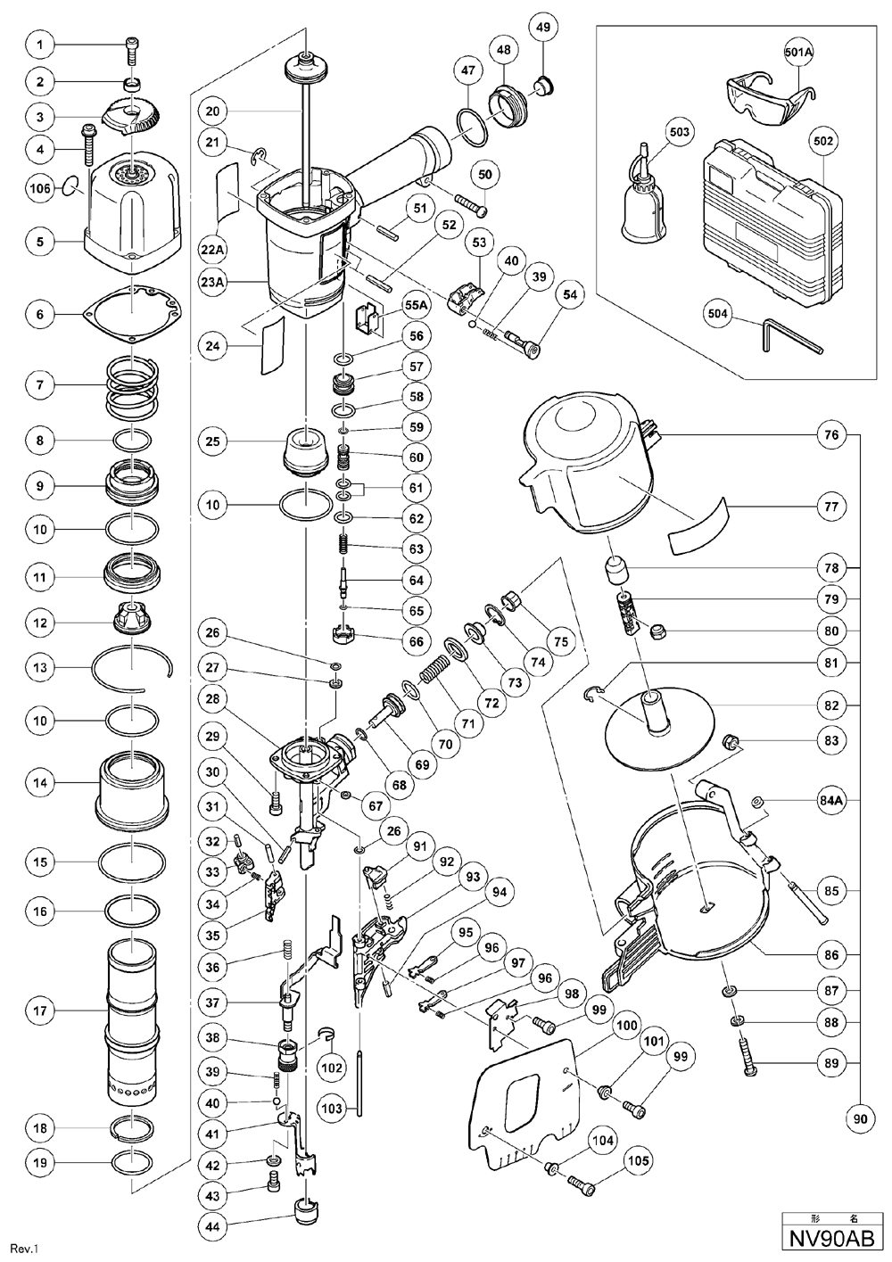 Page 1 Diagram and Parts List for NV90AB  Hitachi Nailer