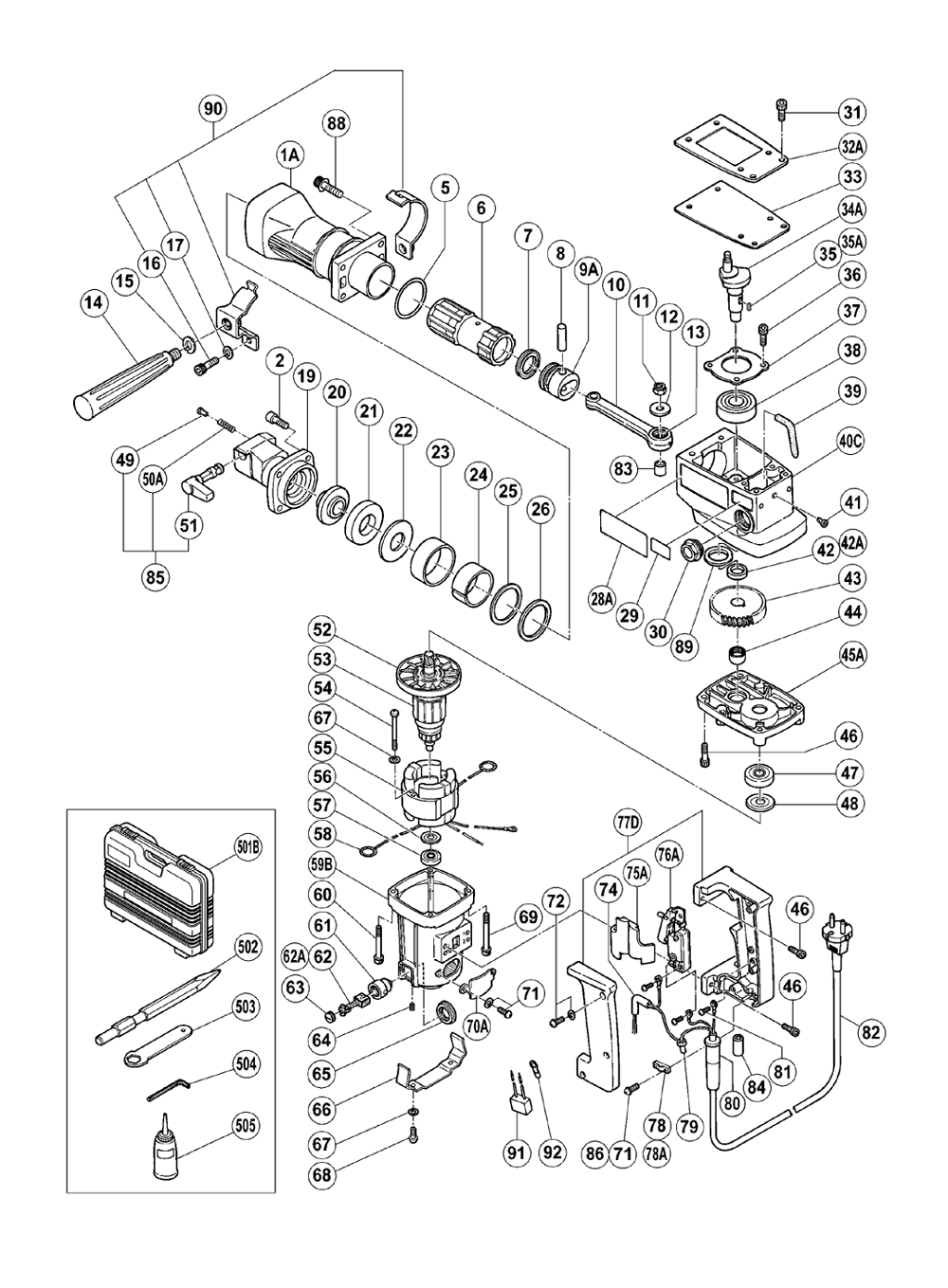 Page 1 Diagram and Parts List for H50  Hitachi Hammer Drill
