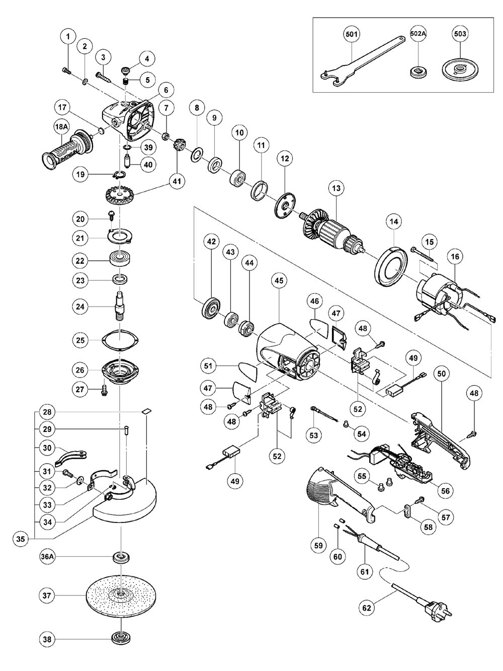 Page 1 Diagram and Parts List for G18UC  Hitachi Grinder