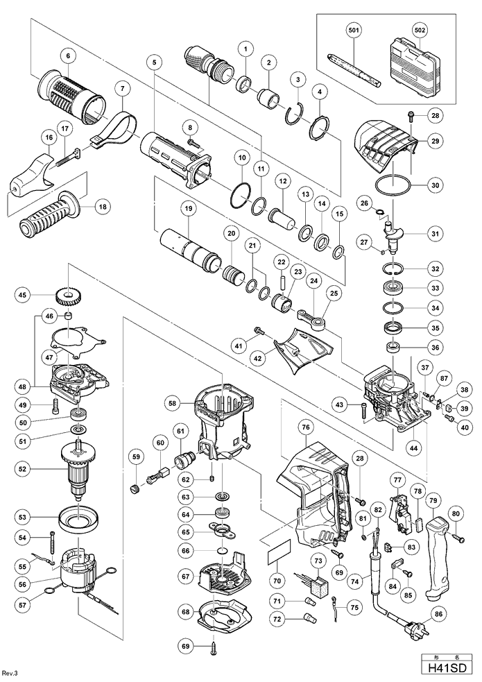Page 1 Diagram and Parts List for H41SD  Hitachi Hammer Drill