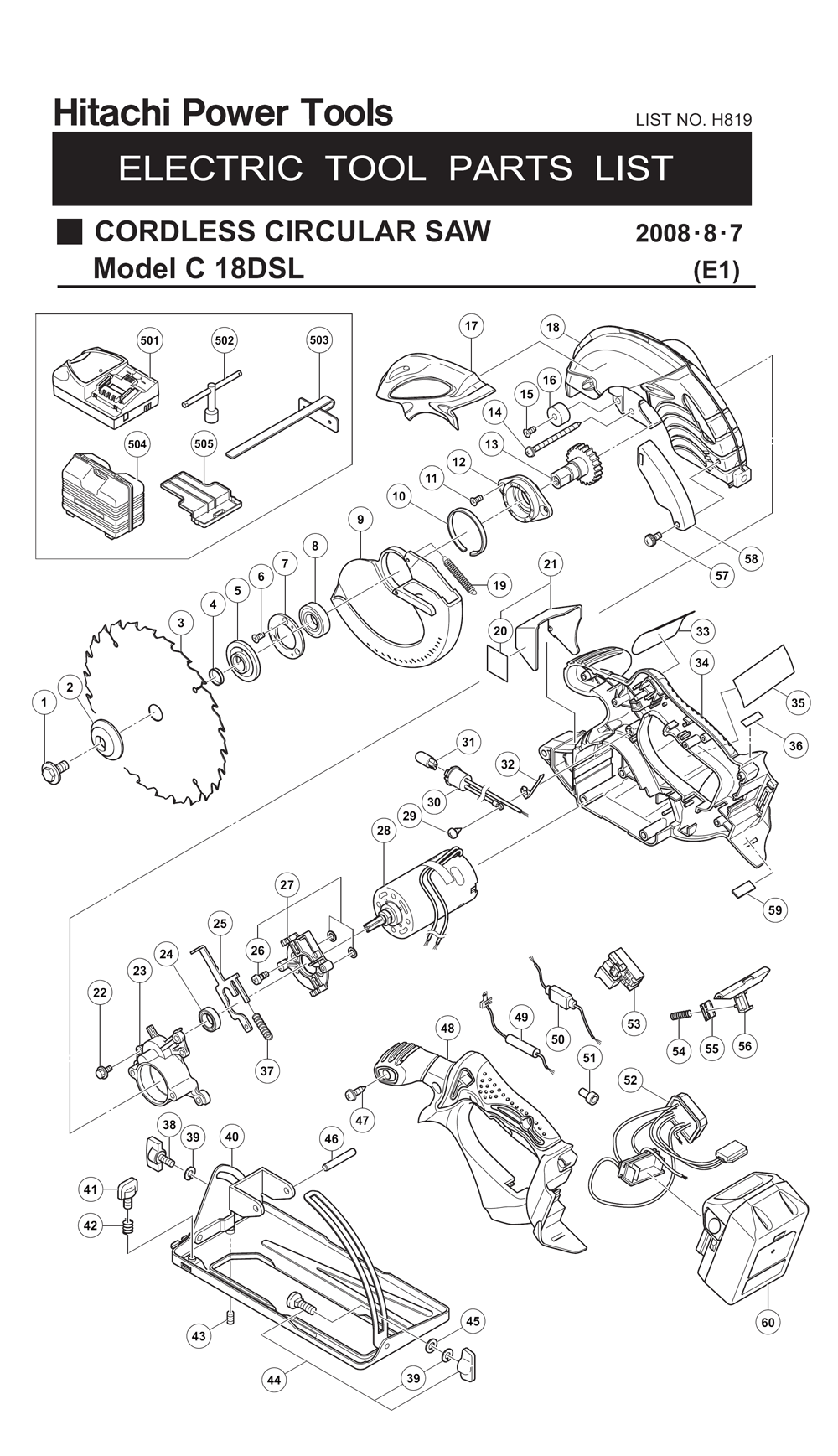 Page 1 Diagram and Parts List for C18DSLP4  Hitachi Saw