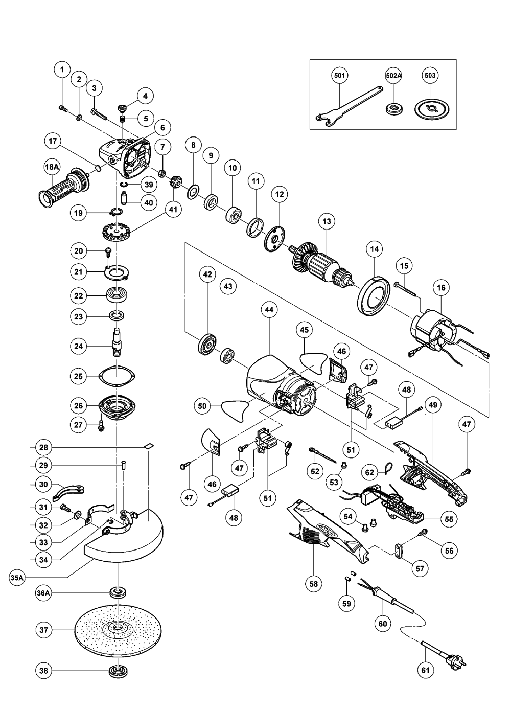 Page 1 Diagram and Parts List for G23MRUA  Hitachi Grinder