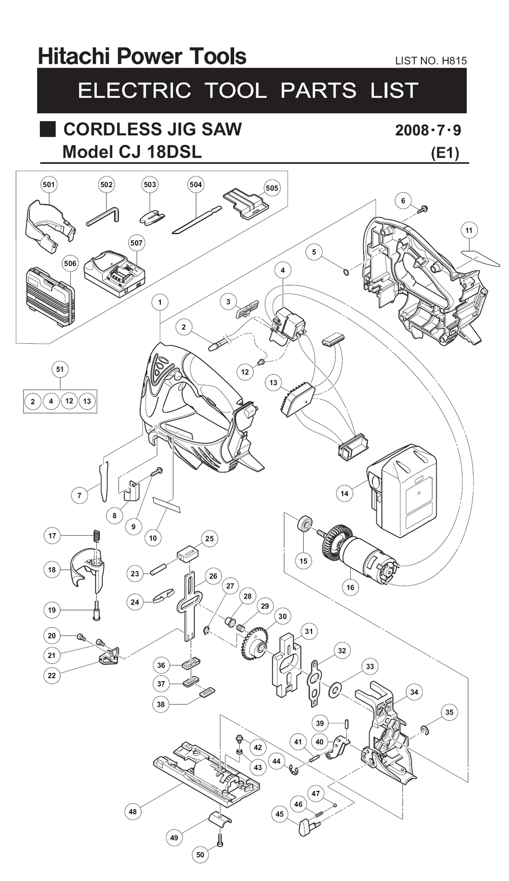 Page 1 Diagram and Parts List for CJ18DSL  Hitachi Saw