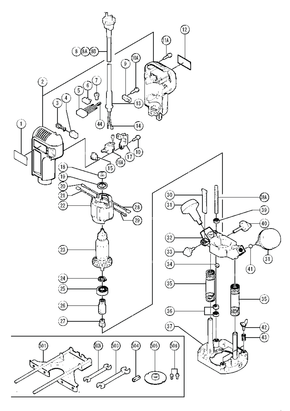 Page 1 Diagram and Parts List for FM8  Hitachi Router