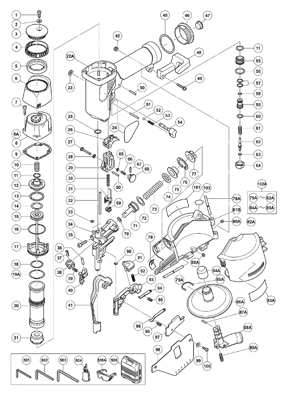 Page 1 Diagram and Parts List for NV50AH  Hitachi Nailer