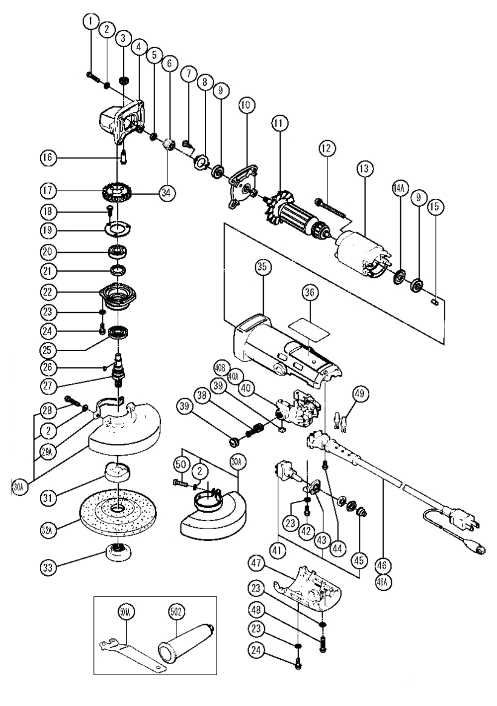 Page 1 Diagram and Parts List for G13S1  Hitachi Grinder