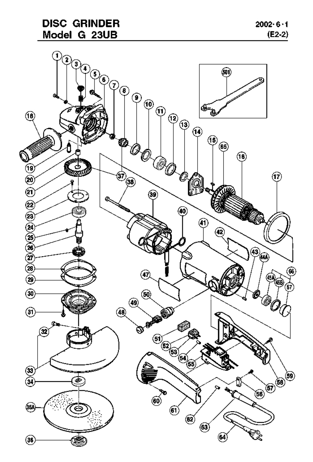 Page 1 Diagram and Parts List for G23UB  Hitachi Grinder