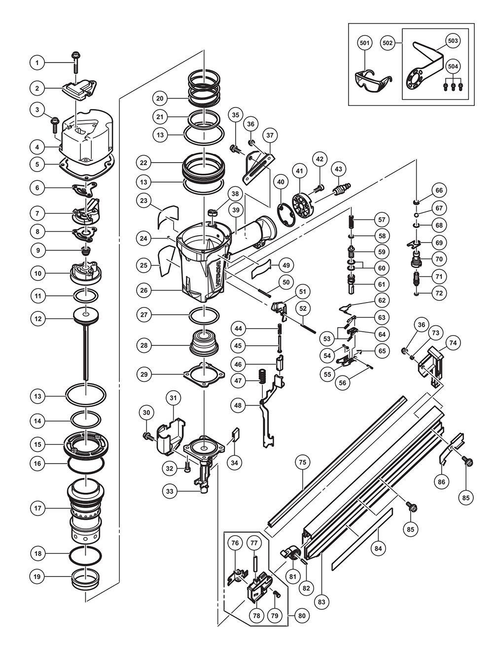 Page 1 Diagram and Parts List for NR83AA5  Hitachi Nailer