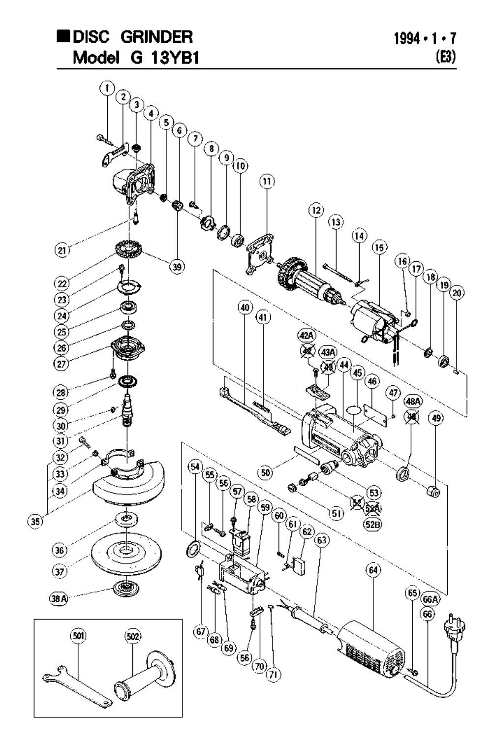 Page 1 Diagram and Parts List for G13YB1  Hitachi Grinder
