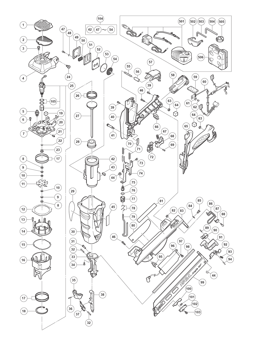 Page 1 Diagram and Parts List for NT65GAP9  Hitachi Nailer