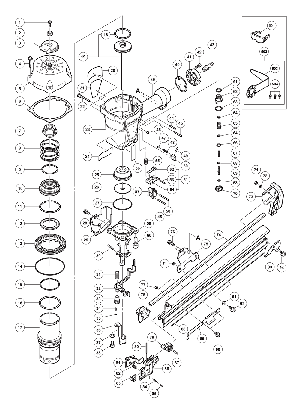 Page 1 Diagram and Parts List for NR90AC5  Hitachi Nailer