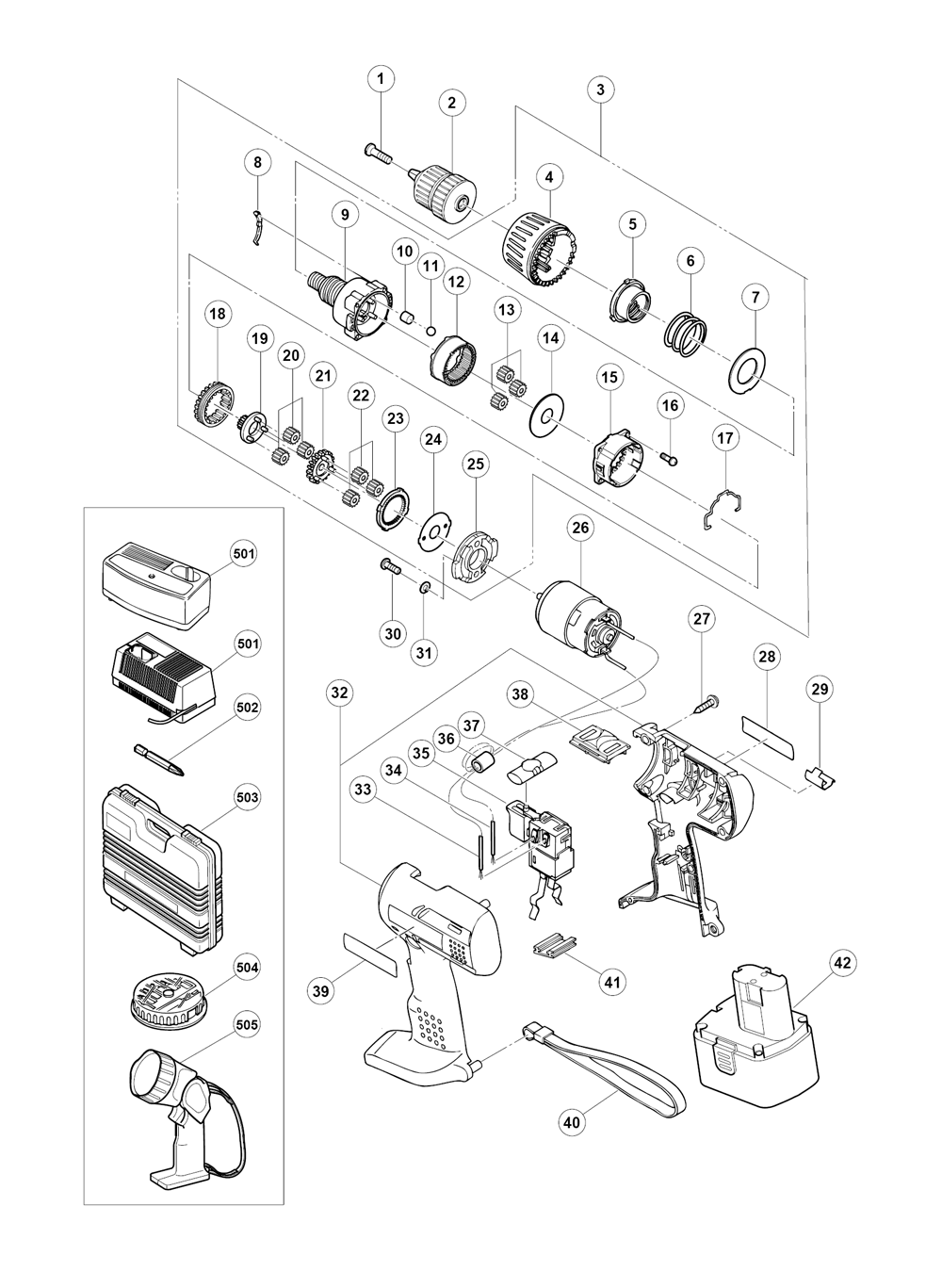 Page 1 Diagram and Parts List for DS14DVFE2  Hitachi Drill Press