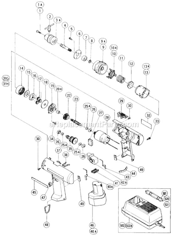 Page A Diagram and Parts List for D10D  Hitachi Cordless Drill