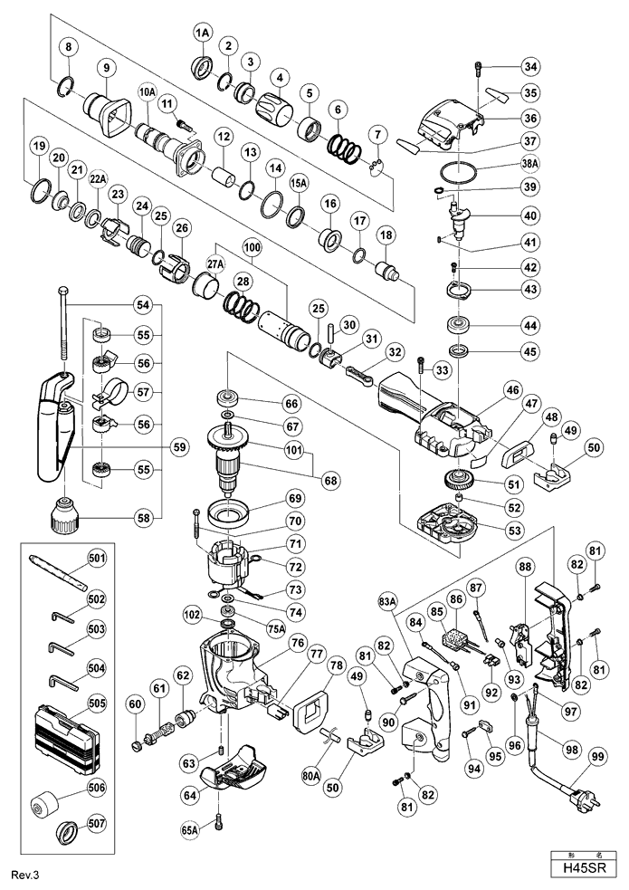 Page 1 Diagram and Parts List for H45SR  Hitachi Hammer Drill
