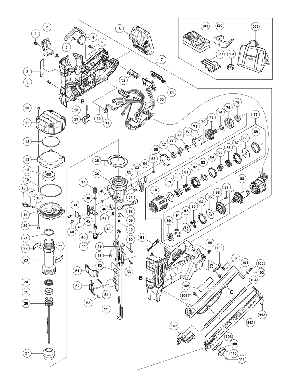 Page 1 Diagram and Parts List for NT1865DMA  Hitachi Nailer