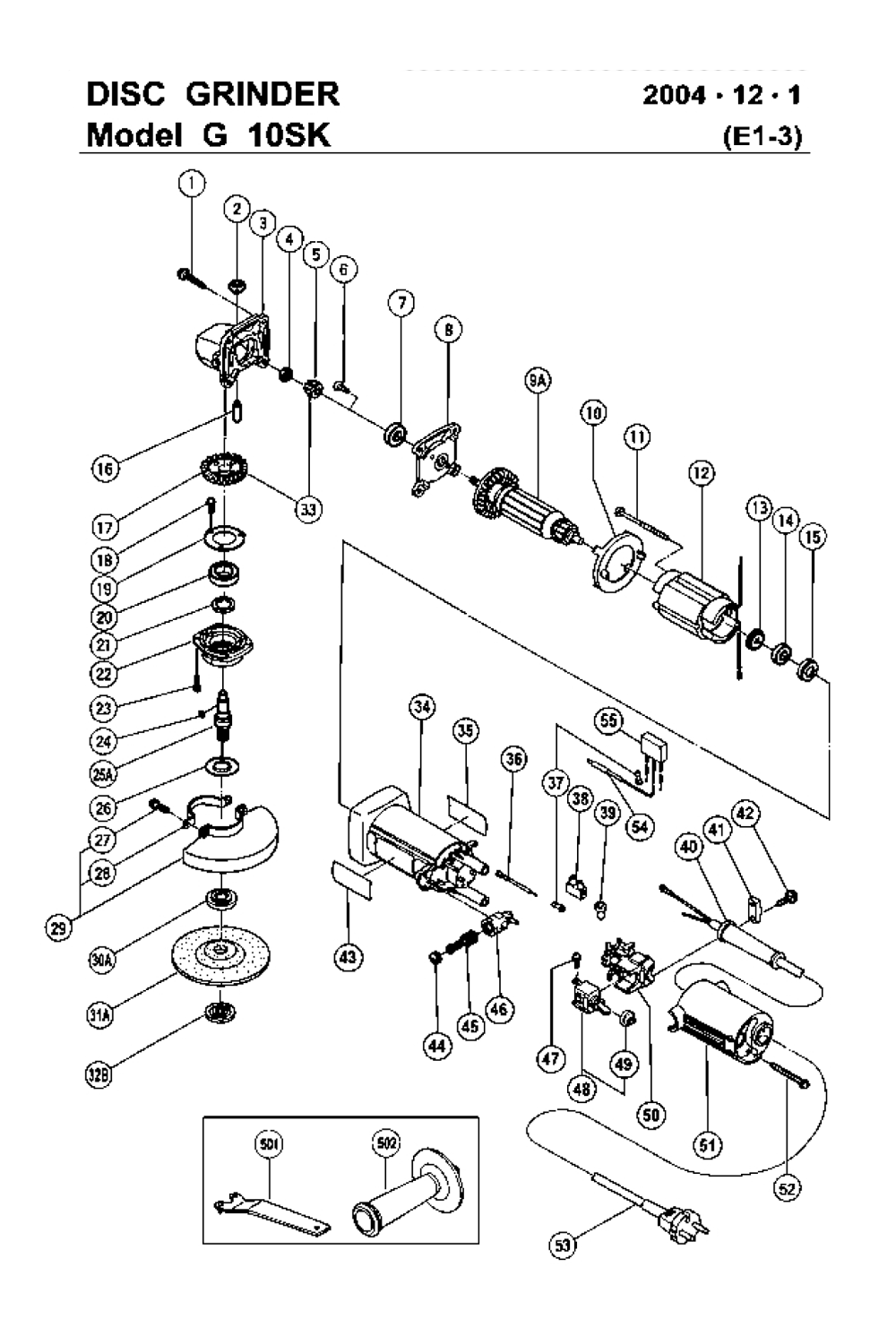 Page 1 Diagram and Parts List for G10SK  Hitachi Grinder
