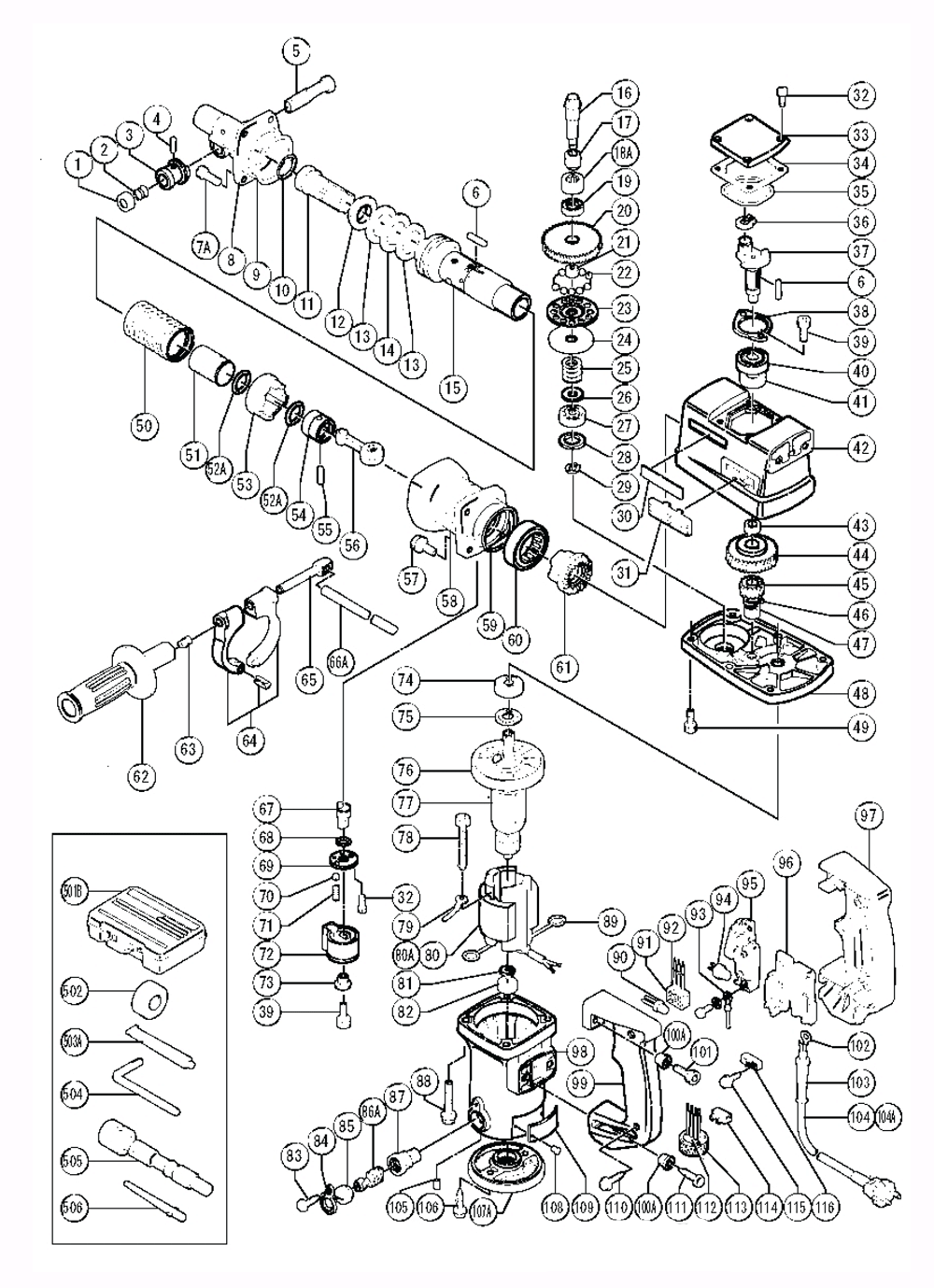 Page 1 Diagram and Parts List for DH38YB1  Hitachi Hammer Drill