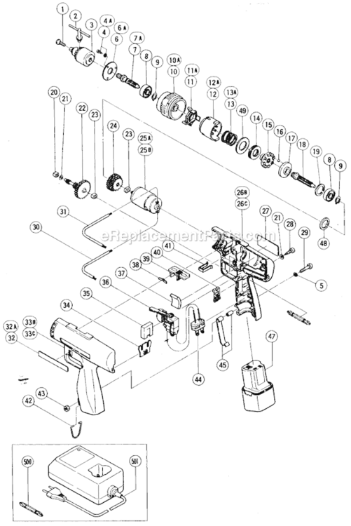 Page A Diagram and Parts List for DRC10  Hitachi Cordless Drill