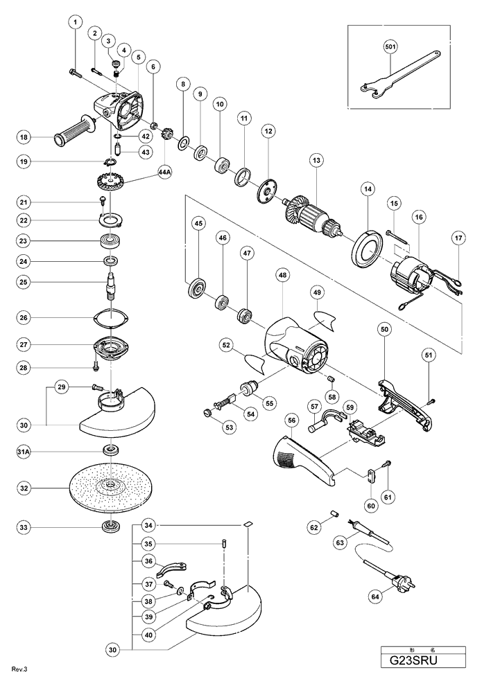 Page 1 Diagram and Parts List for G23SRU  Hitachi Grinder