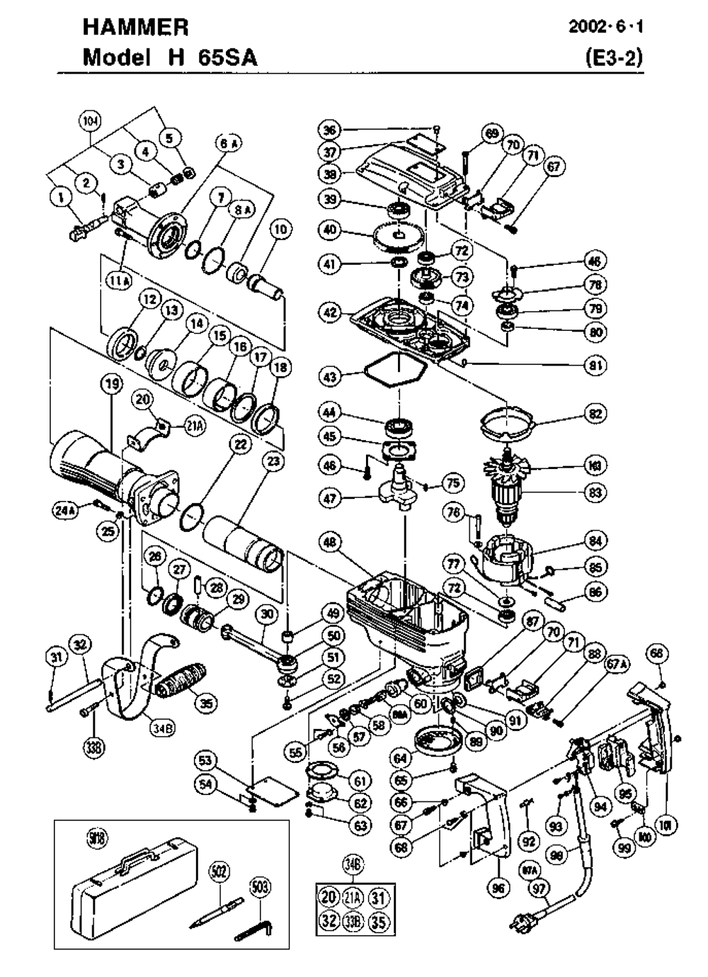 Page 1 Diagram and Parts List for H65SA  Hitachi Demolition Hammer