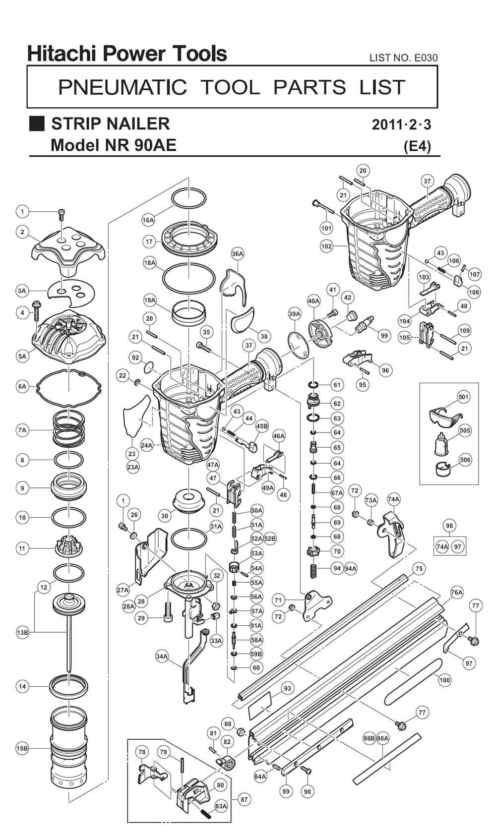 Page 1 Diagram and Parts List for NR90AEPR  Hitachi Nailer