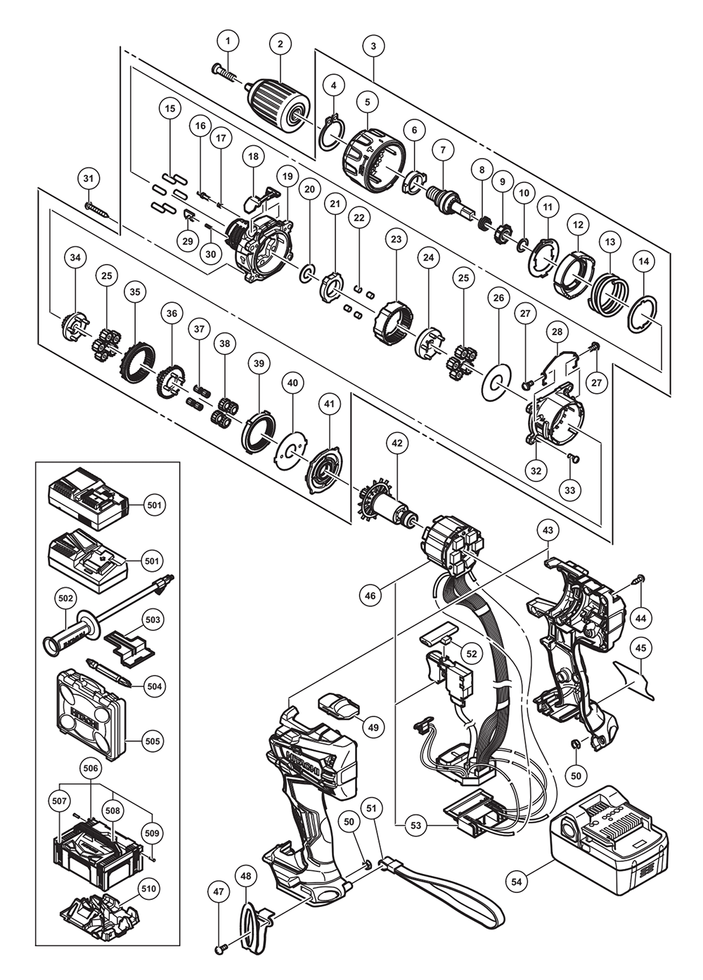 Page 1 Diagram and Parts List for DV18DBL2  Hitachi Drill Press
