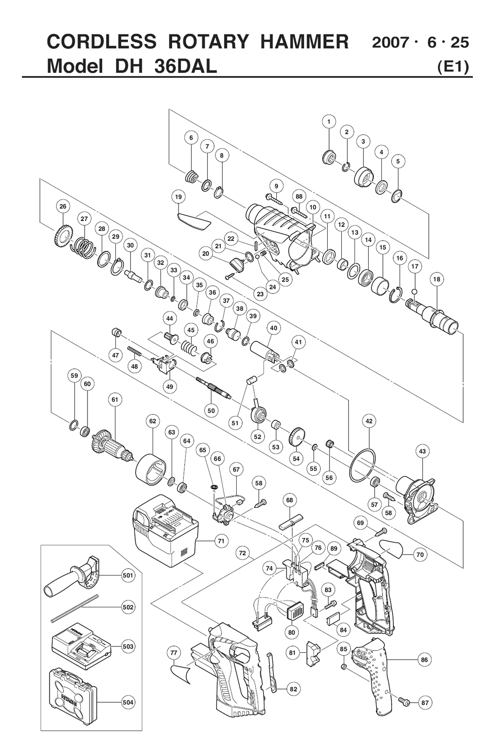 Page 1 Diagram and Parts List for DH36DAL  Hitachi Hammer Drill