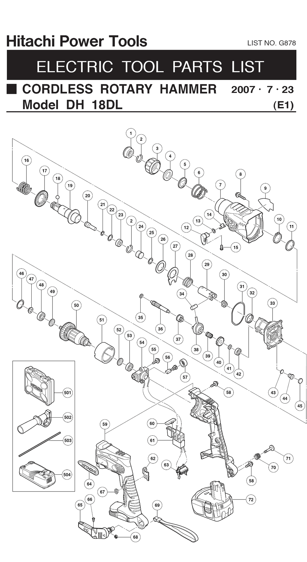 Page 1 Diagram and Parts List for DH18DLP4  Hitachi Hammer Drill